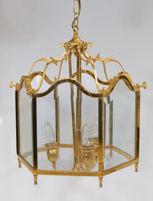 Vintage Italian Gilt Brass and Bevelled Glass Hexagonal Lantern