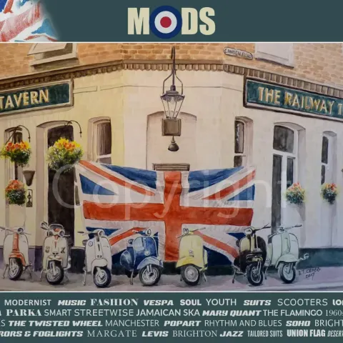 Mods Meet Railway Tavern London Nostalgic Scene Extra Large  Metal Wall Art
