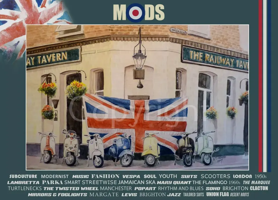 Mods Meet Railway Tavern London Nostalgic Scene Extra Large  Metal Wall Art