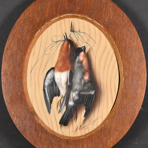Trompe l'Oeil Still Life of Hanging Songbirds