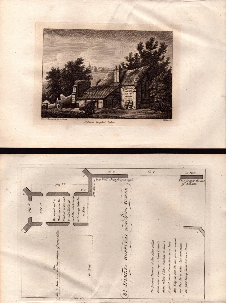 St James Hospital & Map Sussex F. Grose Antique 1785 Copper Engraving.