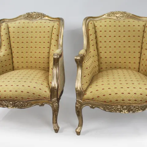 Pair of Louis XVI Style Carved Gilt Bergère Armchairs