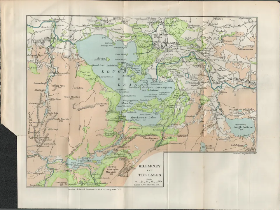 Killarney And The Lakes  Antique Coloured Map.