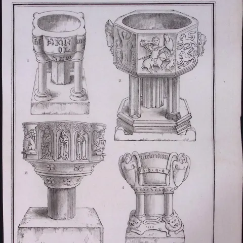 Cornwall Ancient Church Fonts Rare Antique Copper Plate Etching.2