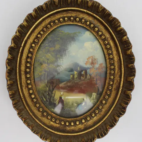 Miniature Hand Painted Landscape Set in Oval Gilt Frame