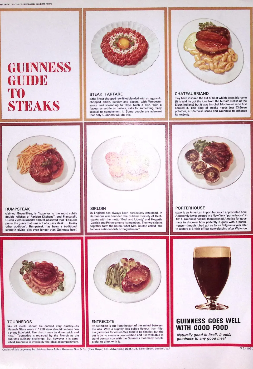 Guinness 1966 Original 59 Years-Old Print Guide To Steak G.E. 4102.C