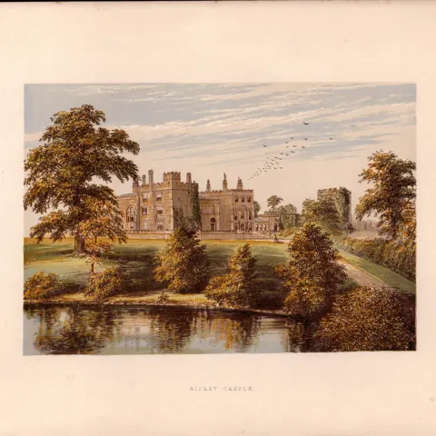 Ripley Castle Harrogate Yorkshire Gilt-Edge Coloured Antique Book Plate.