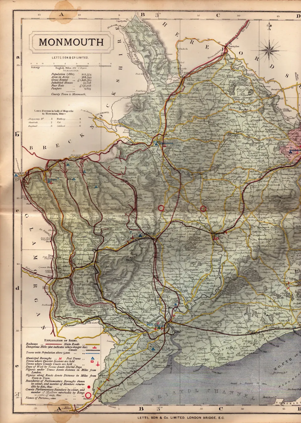 The County of Monmouthshire Large Victorian Letts 1884 Antique Coloured Map.