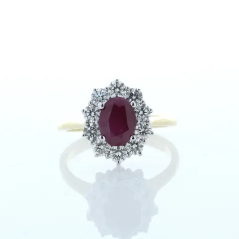 18ct Yellow Gold Oval Cluster Claw Set Diamond And Ruby Ring (R1.64) 1.00