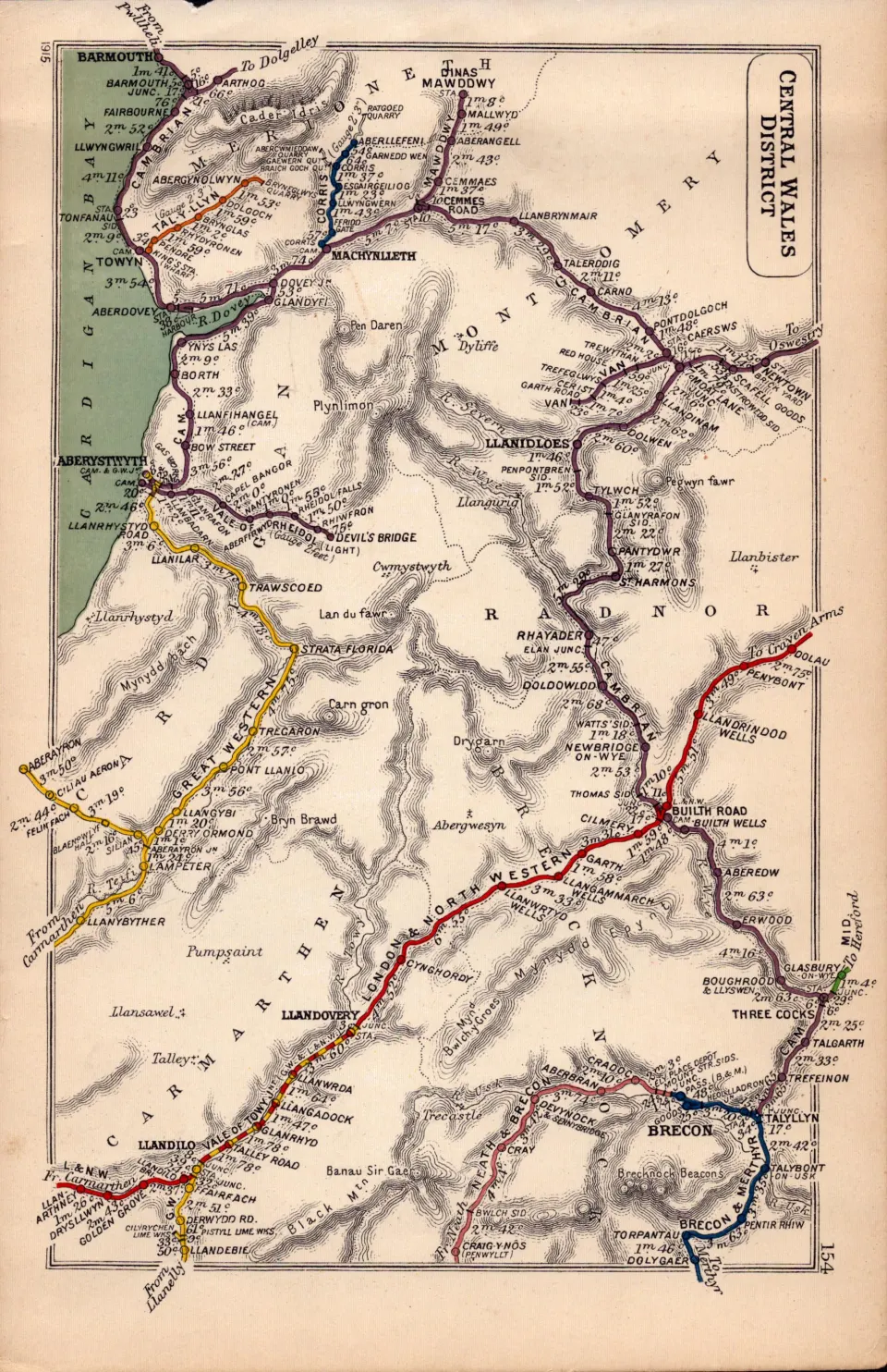 Brecon Barmouth Aberystwyth Three Cocks Central  Wales Antique Railway Diagram 154.