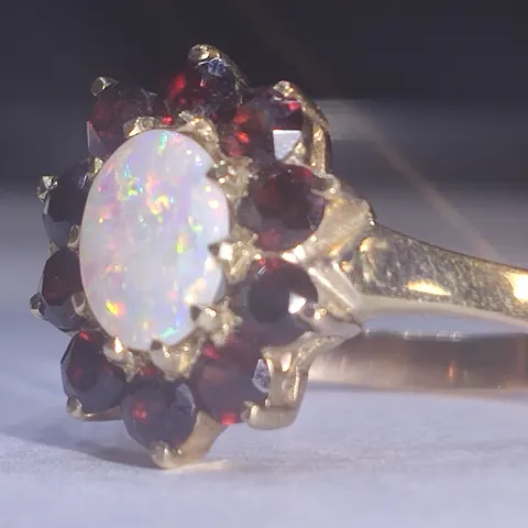 9ct Solid Gold Australian Dark Opal and Ruby Ring. Excellent Condition.