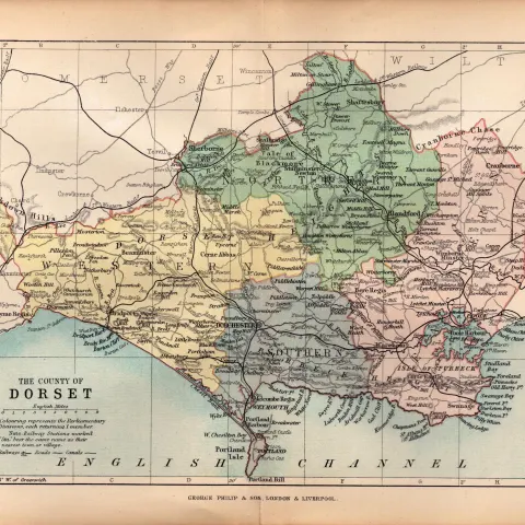 County of Dorsetshire 1895 Antique Victorian Coloured Map.