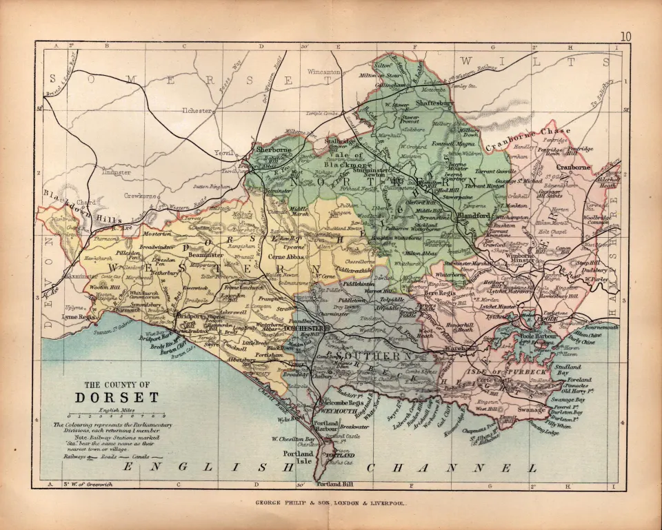 County of Dorsetshire 1895 Antique Victorian Coloured Map.
