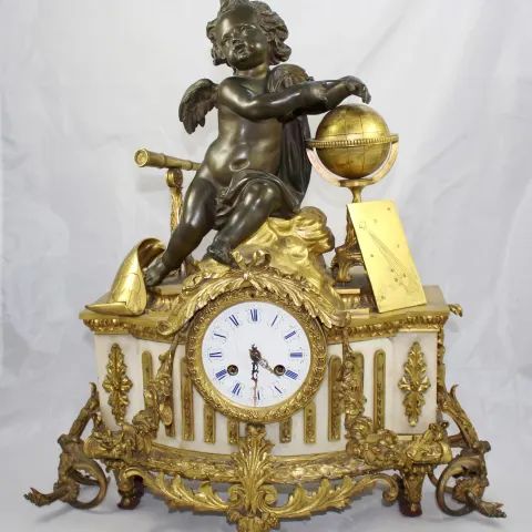 Antique 19th c. Bronze & Marble Ormolu Mantle Clock