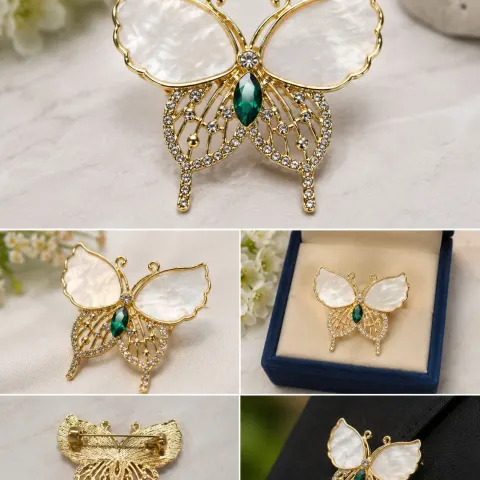 Mother of Pearl Butterfly Brooch – Green & Crystal Accents