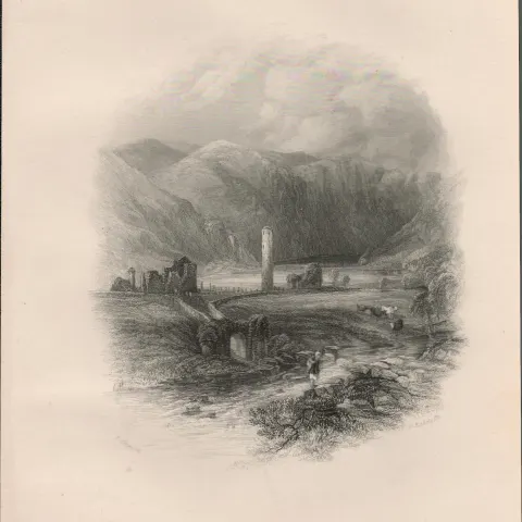 Glendalough Co Wicklow 1837-38 Victorian Antique Engraving.