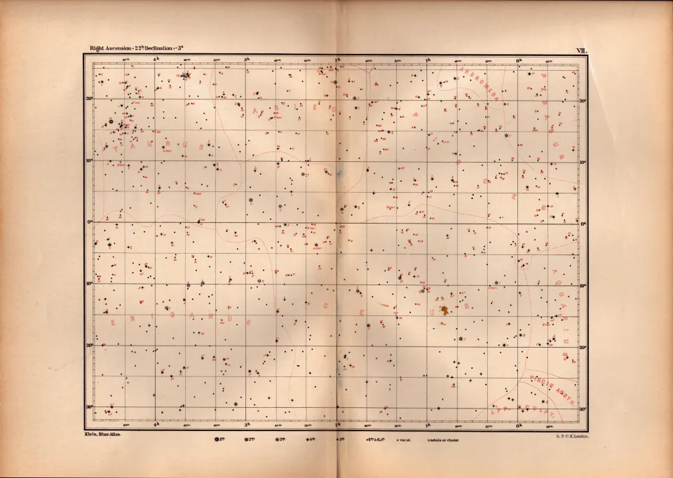 Star Atlas Declination 22 Hr -3 Degrees Astronomy Antique Map.