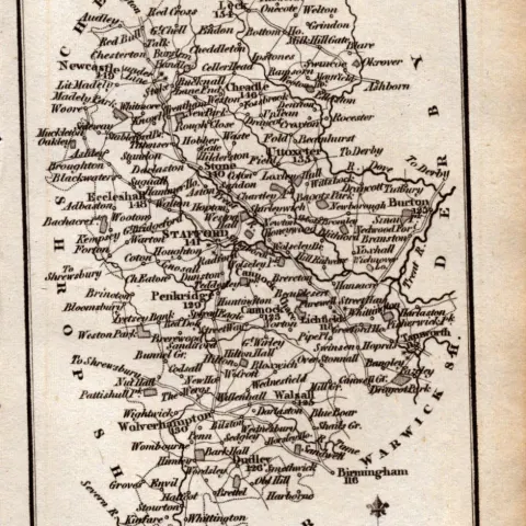 Staffordshire Antique Copper Engraved George IV Map by Sidney Hall.