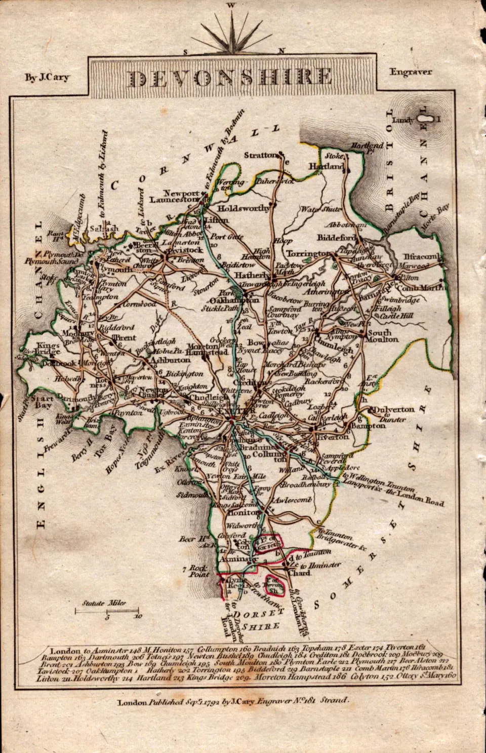 Devonshire John Cary’s 1792 Antique George III Coloured Engraved Map.
