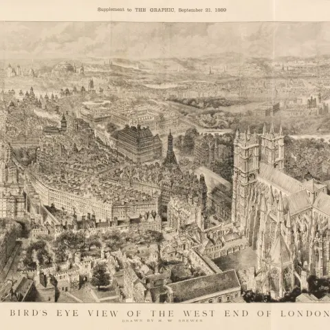 Original Antique 1899 Panoramic Wood  Engraving of the West End of London. 
