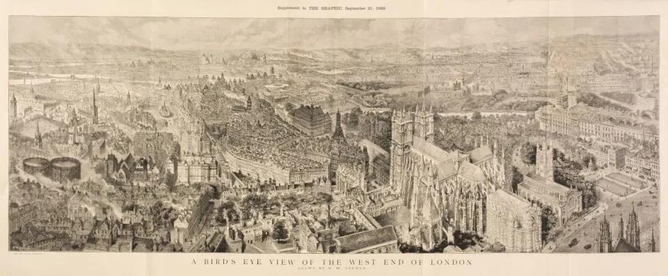 Original Antique 1899 Panoramic Wood  Engraving of the West End of London. 