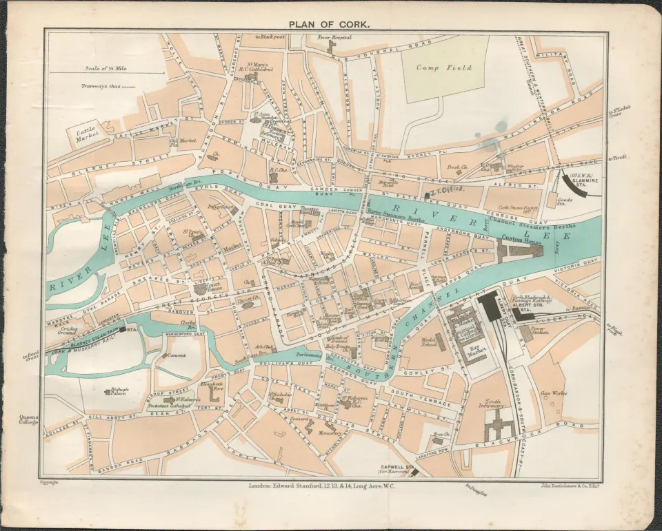 Plan of Cork Streets & Districts Antique Coloured Map.