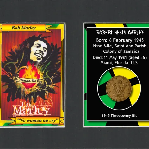 Bob Marley Mounted Original 1945 Threepenny Metal Display Gift Set.