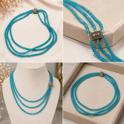 Three-Strand Blue Faceted Bead Necklace
