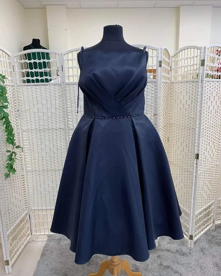 Tea length wedding or special occasion dress in size 16 to 18.  Navy mikado fabric.  RRP £395