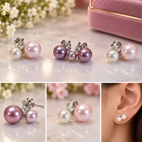 Set of Two Pearl Style Stud Earrings in Pink, Purple and White