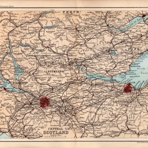 Central Scotland Area Double Sided 126 Years-Old Antique 1896 Map