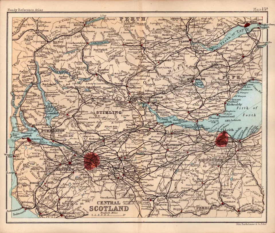 Central Scotland Area Double Sided 126 Years-Old Antique 1896 Map