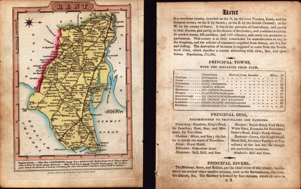 Kent Engraved Hand Coloured King George IV Antique Map & Text.