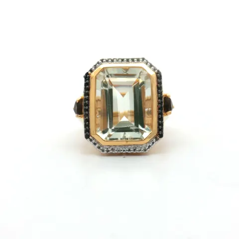 HRD Certified Green Amethyst, Smoky Quartz & Black Spinel Ring – 925 Sterling Silver