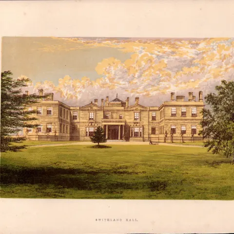 Swithland Hall Leicestershire  Gilt-Edge Coloured Antique Book Plate.