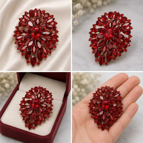Red Crystal Floral Statement Brooch