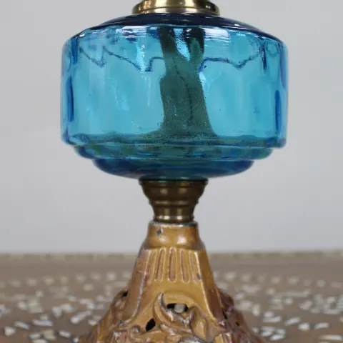 Antique Victorian Oil Lamp with Blue Glass Font