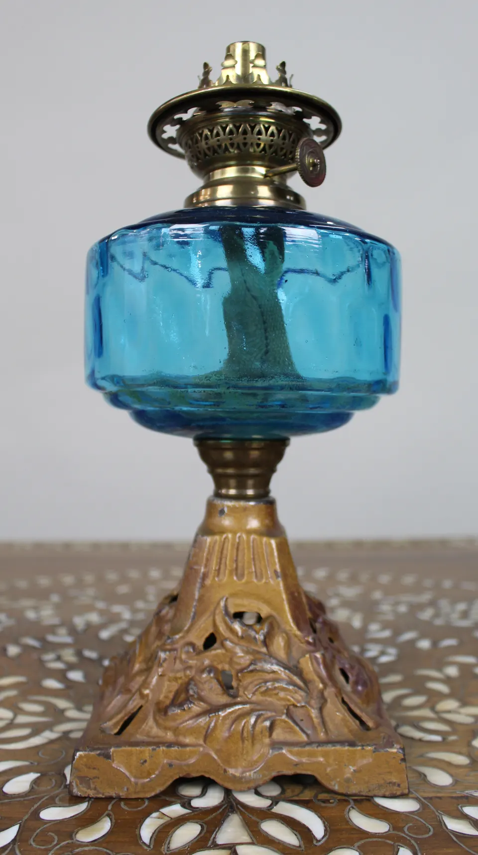Antique Victorian Oil Lamp with Blue Glass Font