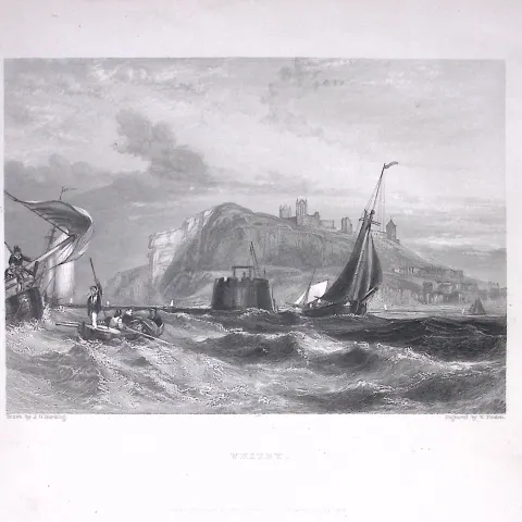 Whitby Castle From The Sea Yorkshire WH Bartlett 1842 Antique Steel Engraving-10-TR
