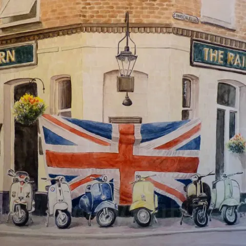 Mods & Scooters Railway Tavern Scooters Pub London large Metal Wall Art