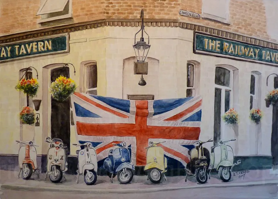 Mods & Scooters Railway Tavern Scooters Pub London large Metal Wall Art