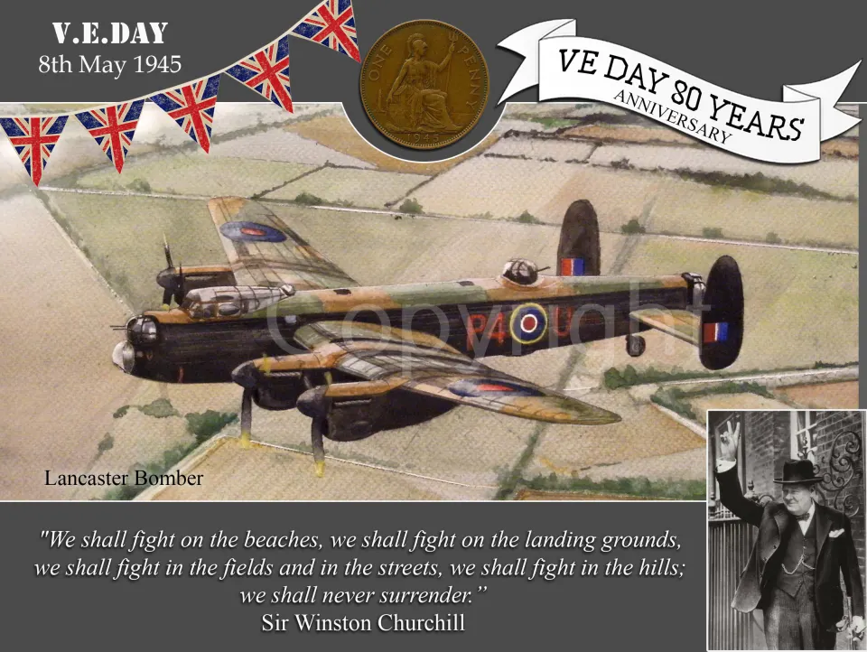 VE Day 80th Anniversary Designed Metal Art Coin Display Wellington Bomber
