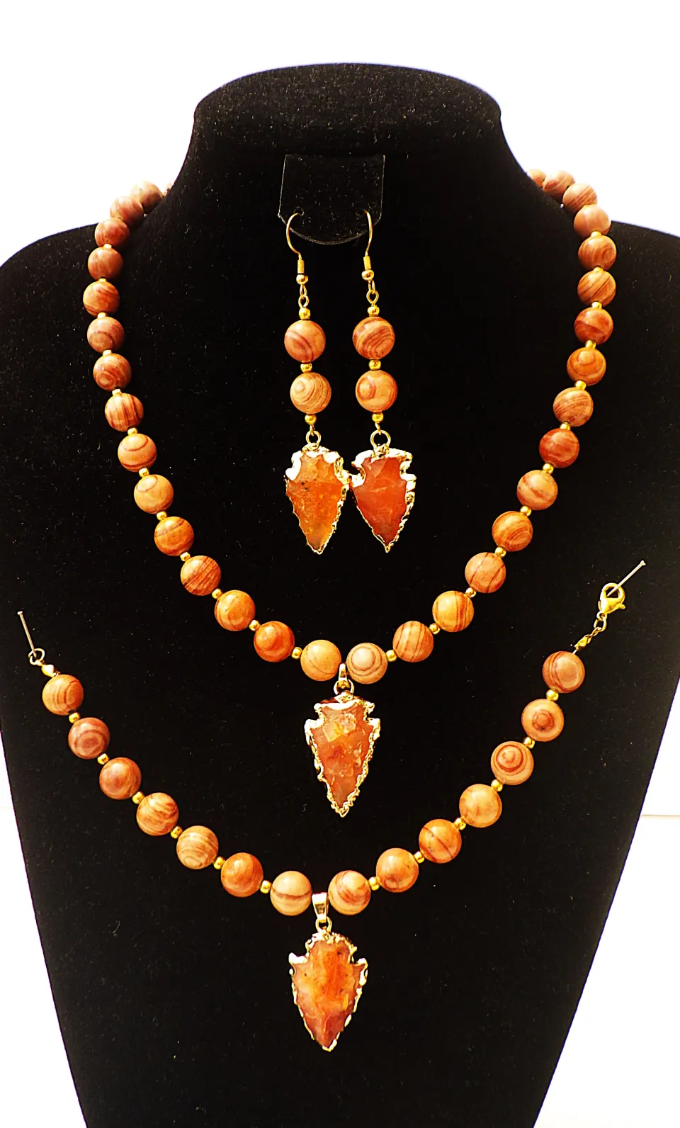Necklace, Bracelet & Earrings Set With Fossil Wood Beads & Carnelian Gilded Arrowheads