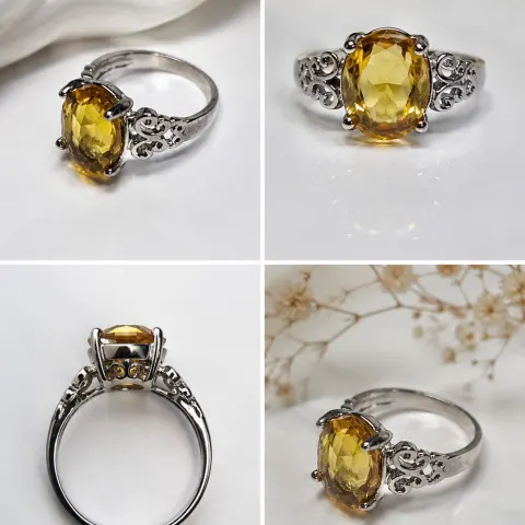 Yellow Gemstone Silver Ring with Ornate Filigree Design