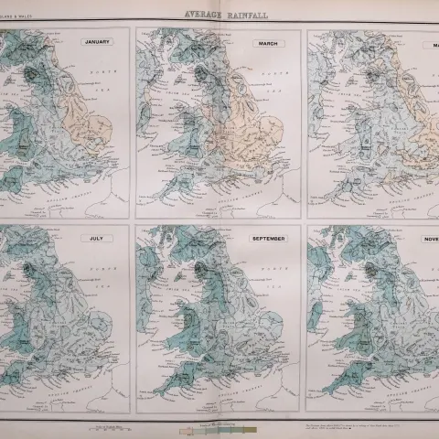 Victorian Antique 1897 Large  Map  England & Wales Average Rainfall.