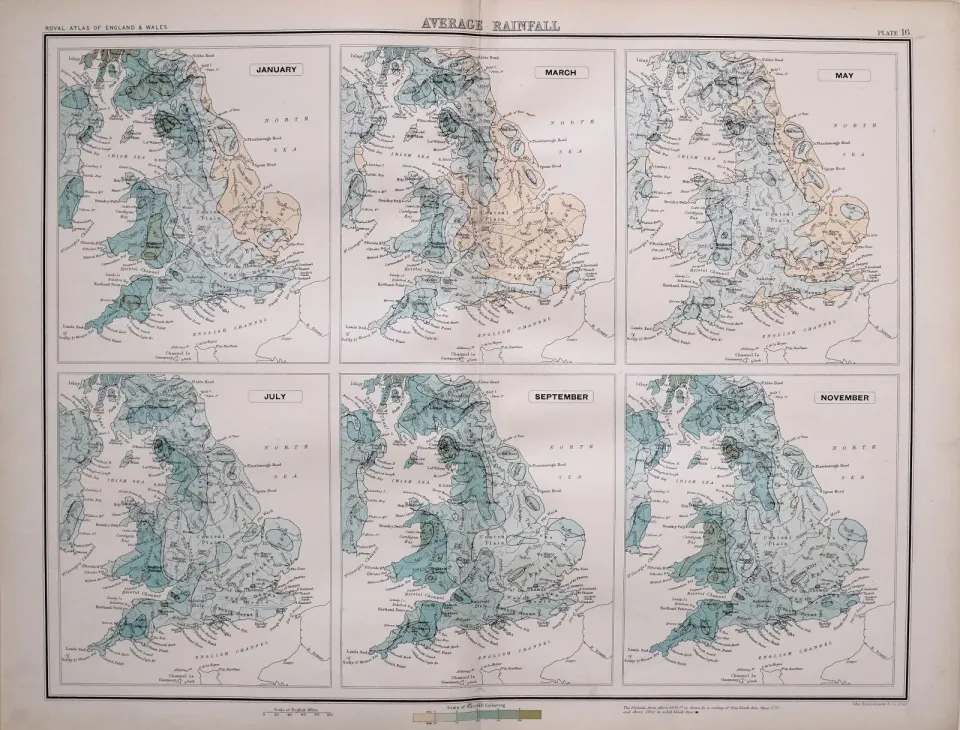 Victorian Antique 1897 Large  Map  England & Wales Average Rainfall.