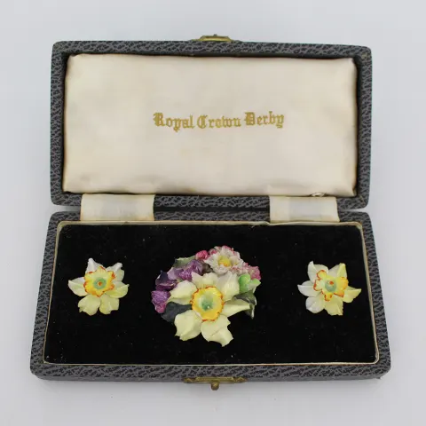 Vintage Royal Crown Derby Cased Floral Brooch & Earring Set