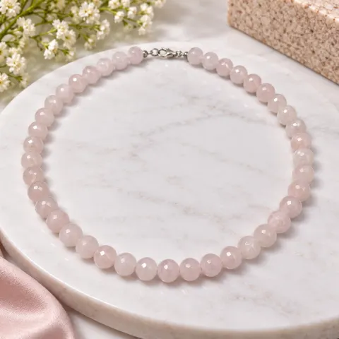 Faceted Pink Bead Necklace with Silver-Tone Clasp