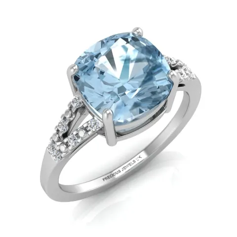 9ct White Gold Cushion Cut Blue Topaz With Diamond Set Shoulders Ring