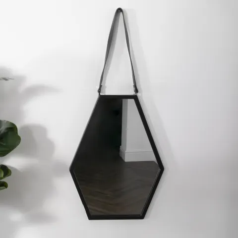 Hexagon Black Metal Mirror with Leather Strap RRP - £140